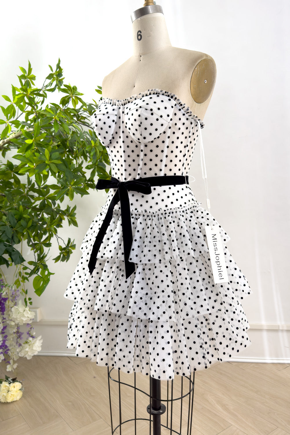 Corset Strapless Black Polka Dot Tiered Dress