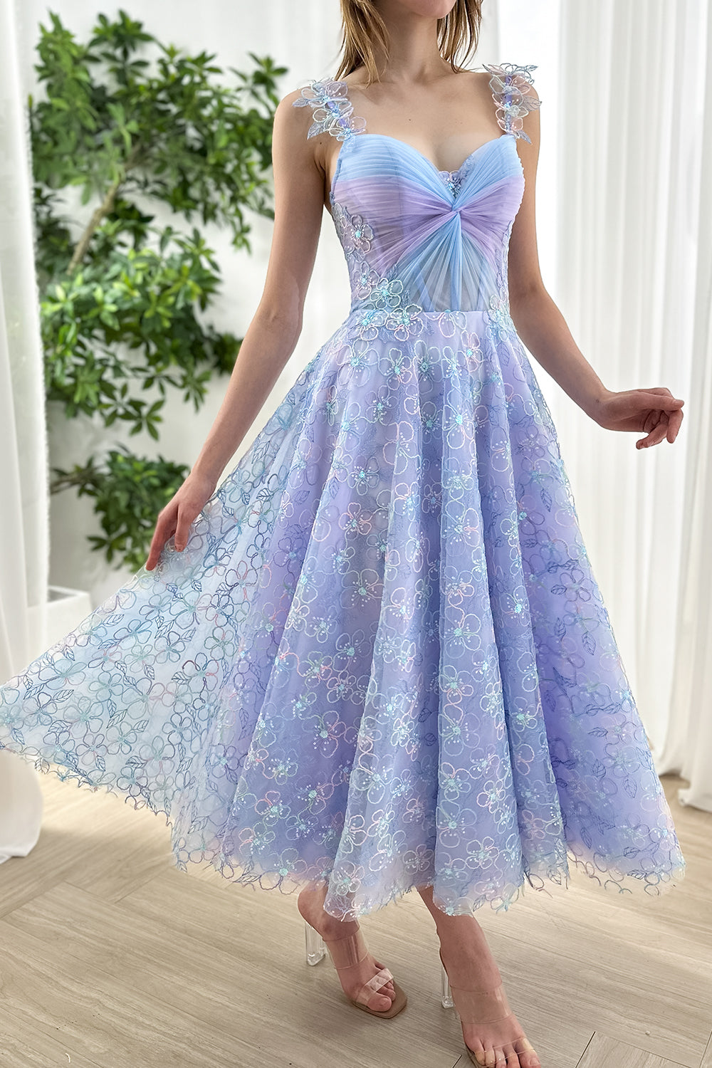 MissJophiel Corset V Neck Sky Blue Lavender Floral Midi Dress Lavender Floral / Above Knee / US4