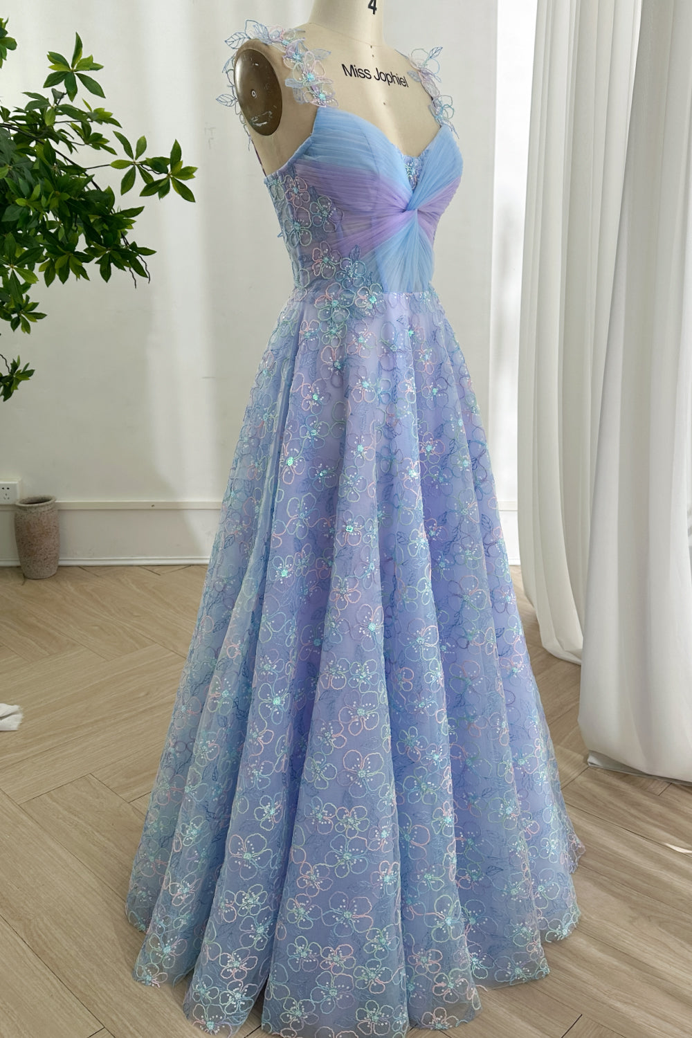 Corset V Neck Sky Blue Lavender Floral  Midi Dress