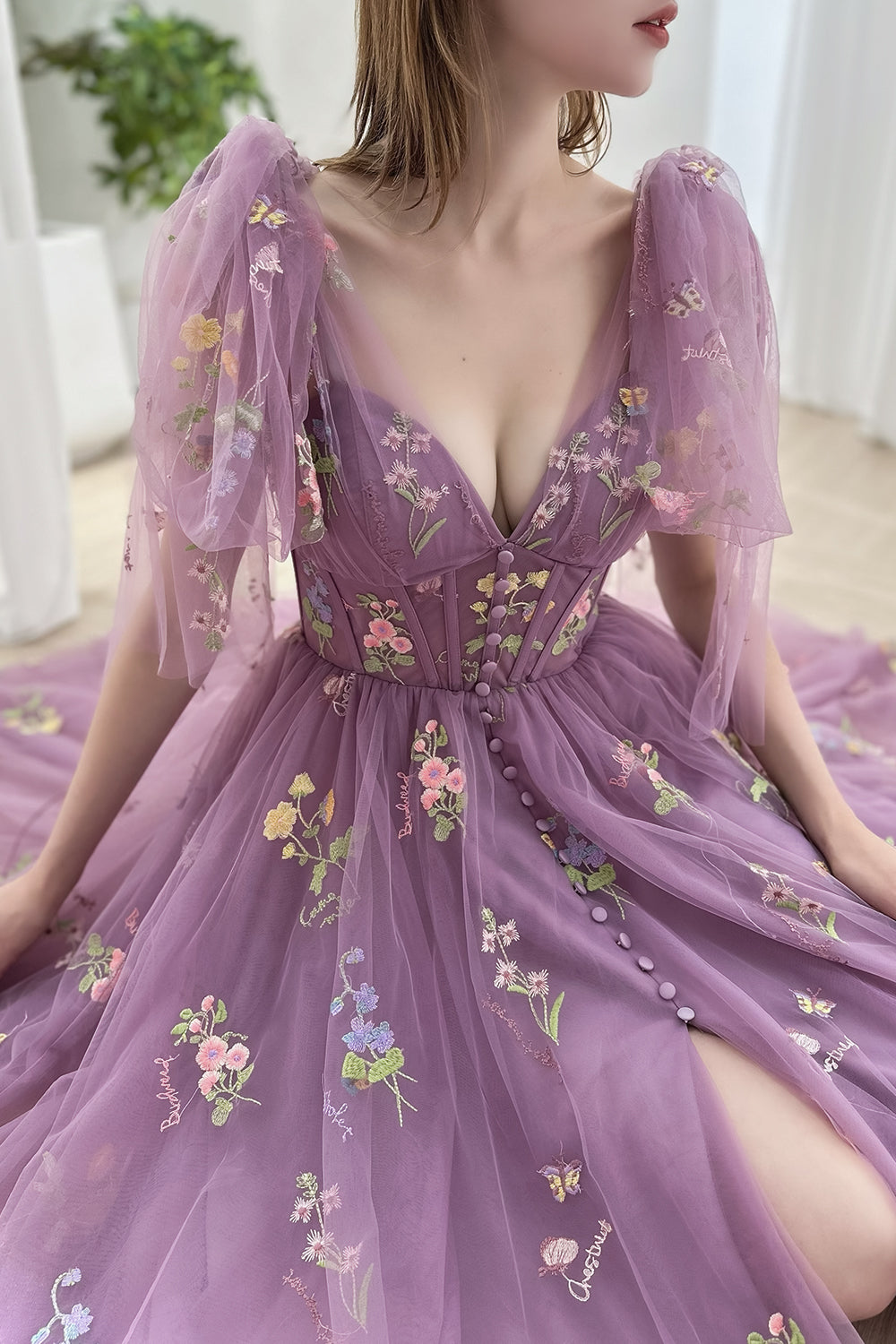 MissJophiel Infinity Corset Floral Embroidery Dress with Slit Wisteria / Tea Length / Custom Size / Plus Size MissJophiel Infinity Corset Floral Embroidery Dress with Slit Wisteria / Tea Length / Custom Size / Plus Size