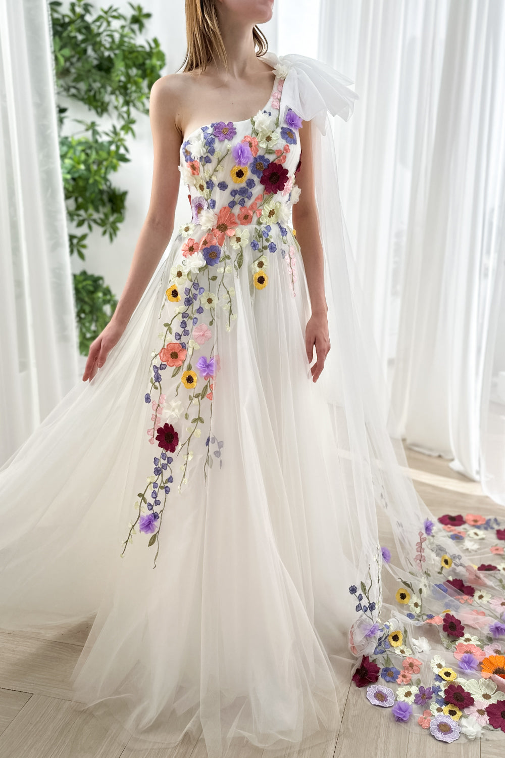 MissJophiel One Shoulder Floral Applique Wedding Dress with Train MissJophiel One Shoulder Floral Applique Wedding Dress with Train