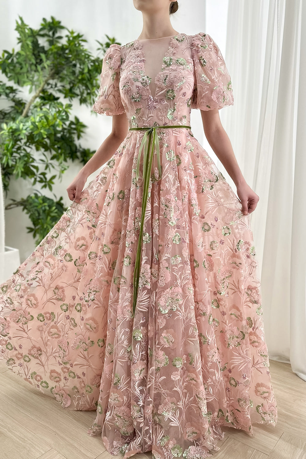 MissJophiel Illusion V Neck Beaded Embroidery Puffy Sleeves Long Dress