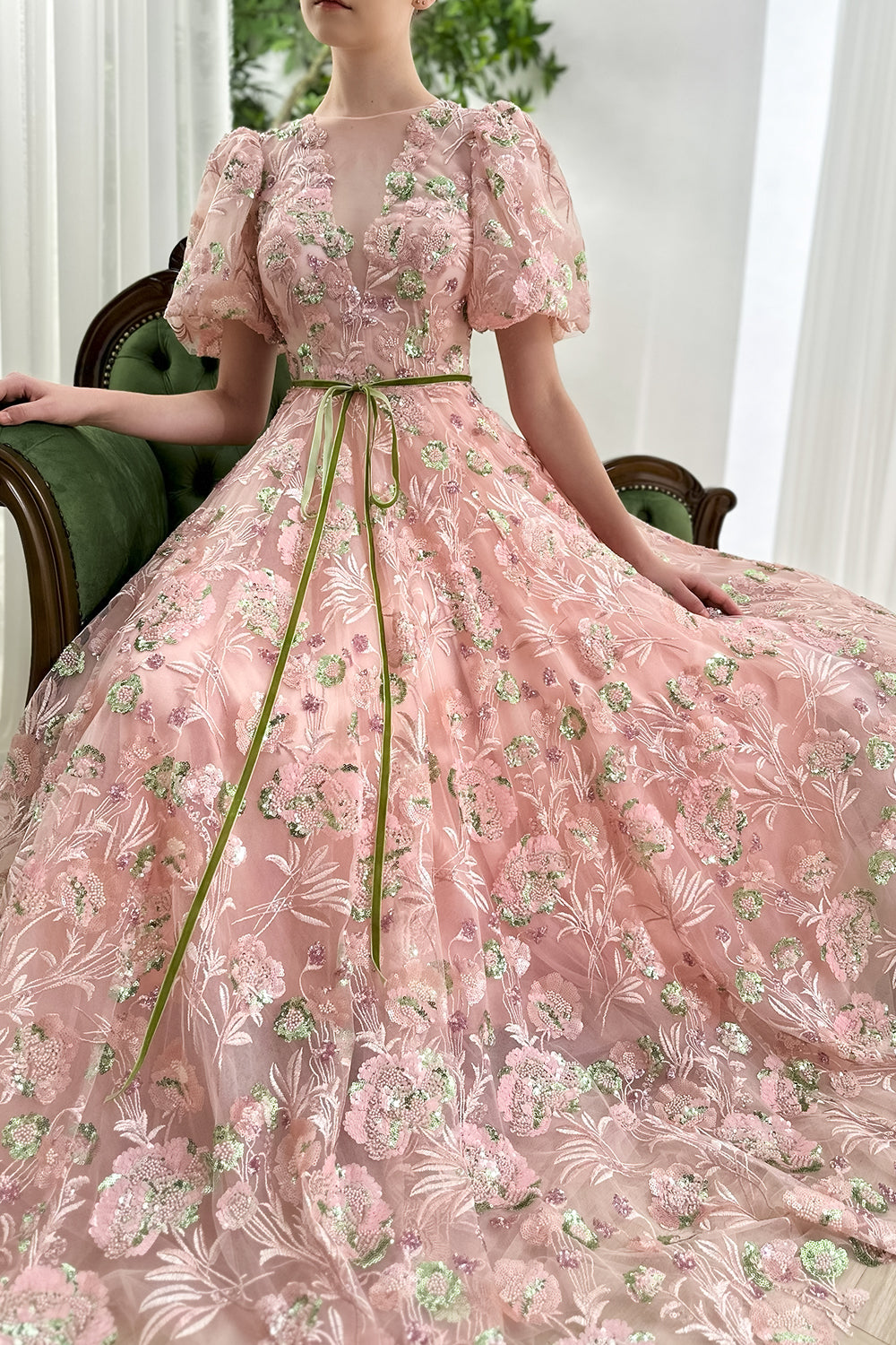 Illusion V Neck Beaded Embroidery Puffy Sleeves Long Dress