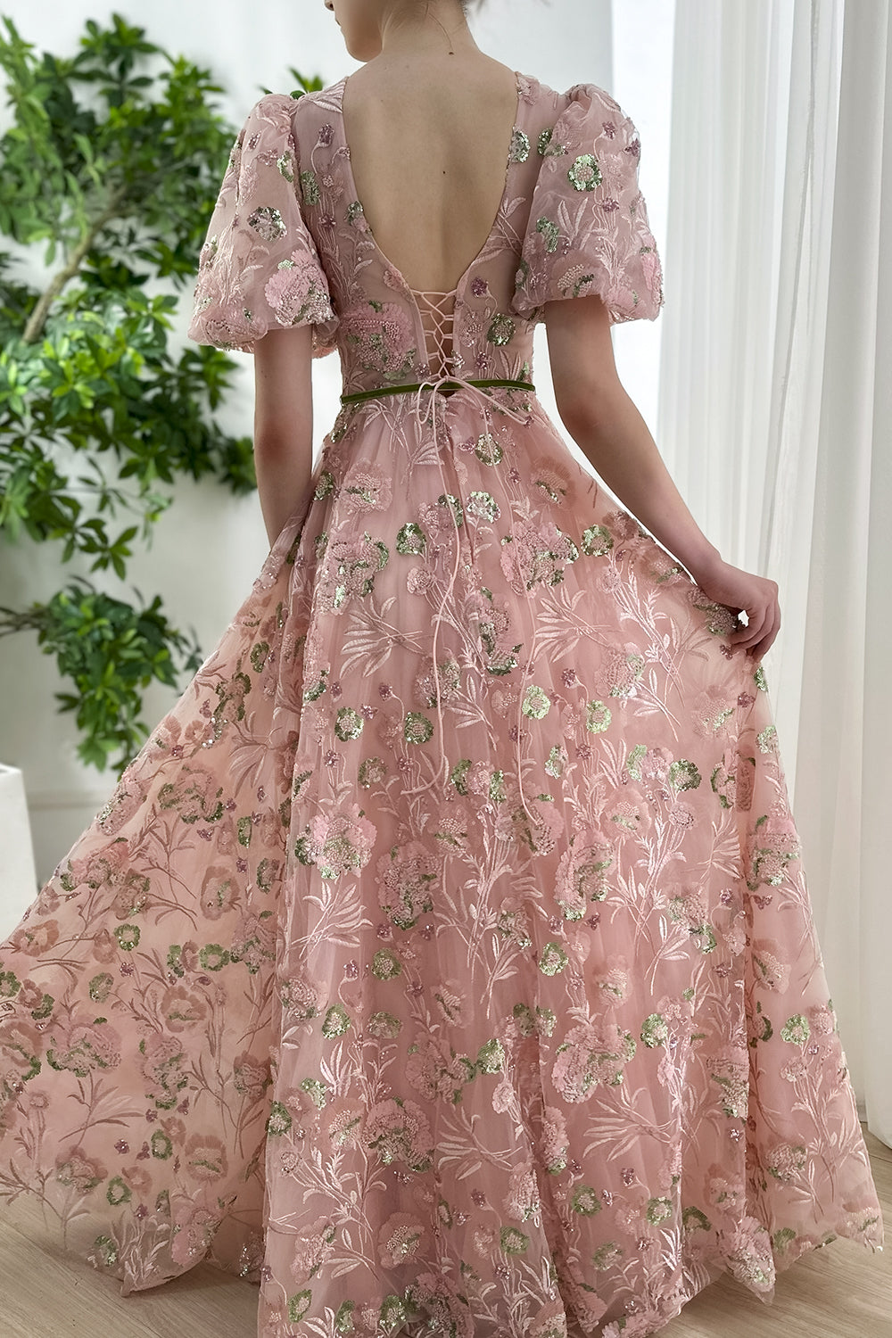 Illusion V Neck Beaded Embroidery Puffy Sleeves Long Dress