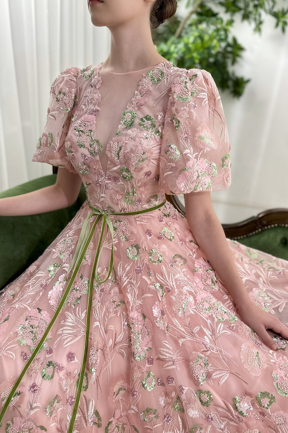 Illusion V Neck Beaded Embroidery Puffy Sleeves Long Dress