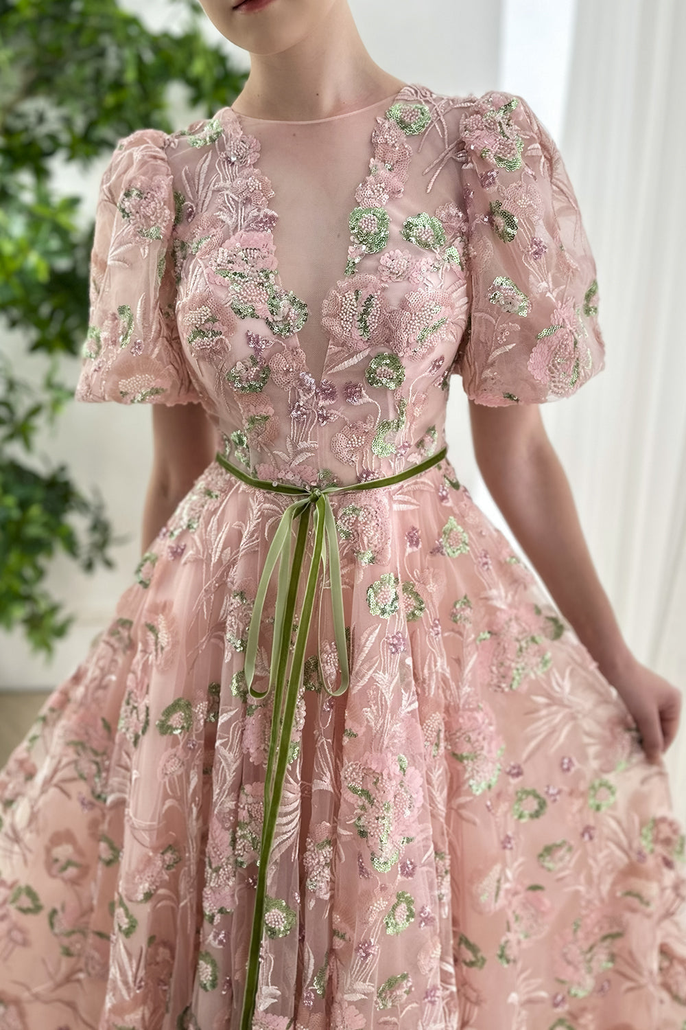 Illusion V Neck Beaded Embroidery Puffy Sleeves Long Dress