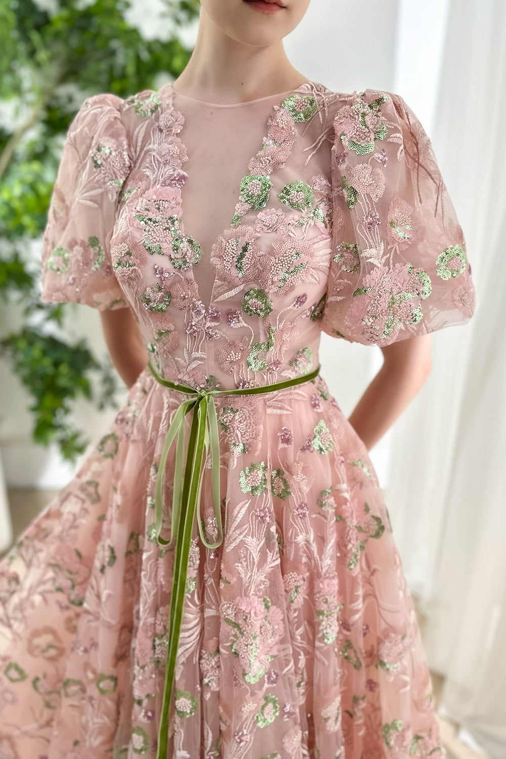 MissJophiel Illusion V Neck Beaded Embroidery Puffy Sleeves Long Dress