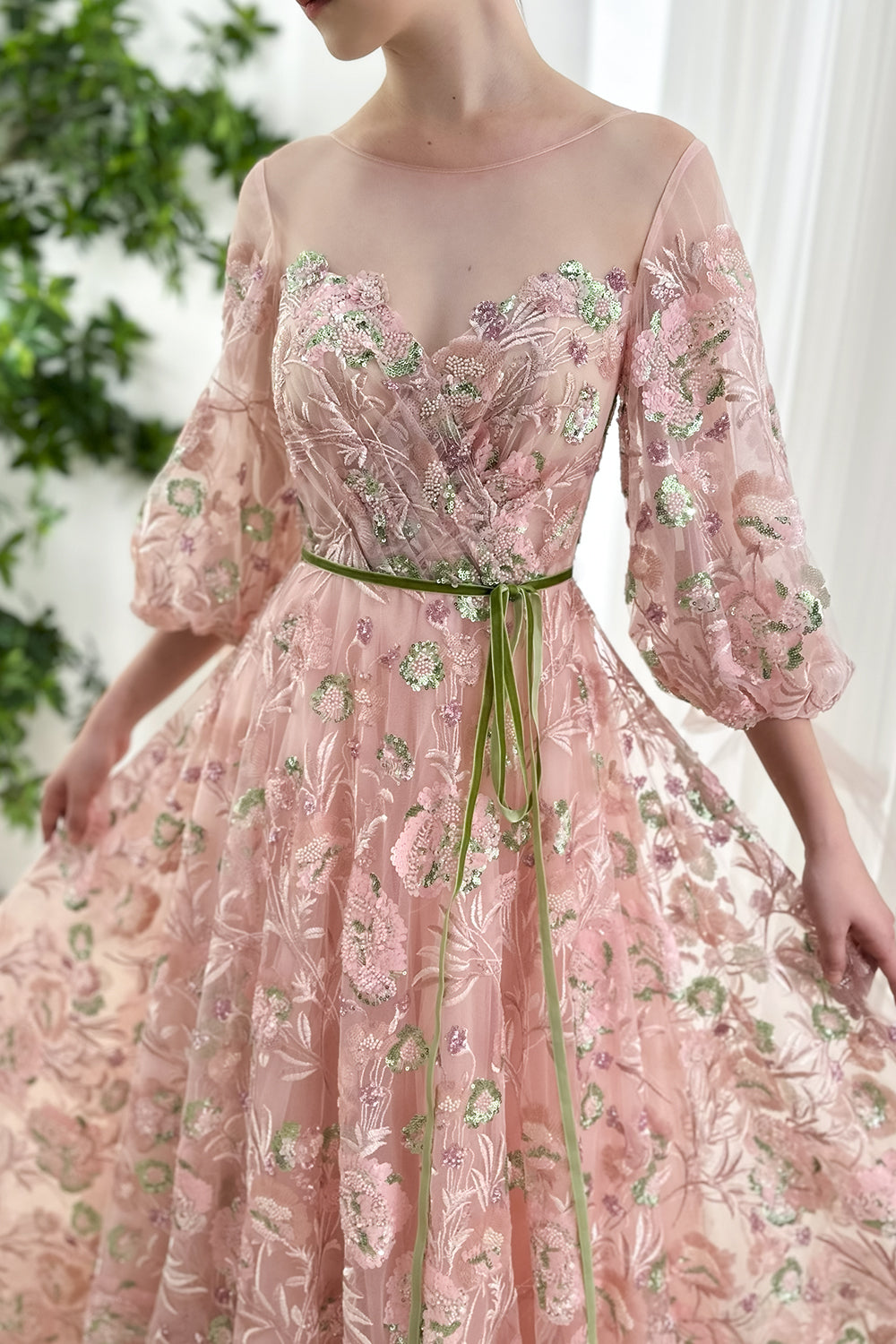 MissJophiel Boat Neck Beaded Embroidery Puffy Sleeves Long Dress