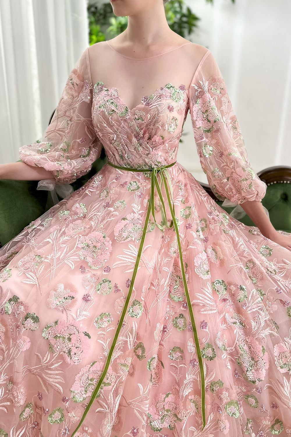 Boat Neck Beaded Embroidery Puffy Sleeves Long Dress