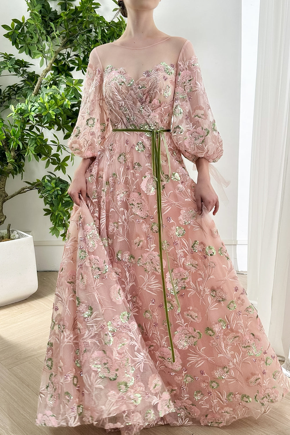 pink puffy dress long MissJophiel Boat Neck Beaded Embroidery Puffy Sleeves Long Dress Pink / Above Knee / Custom Size / Plus Size