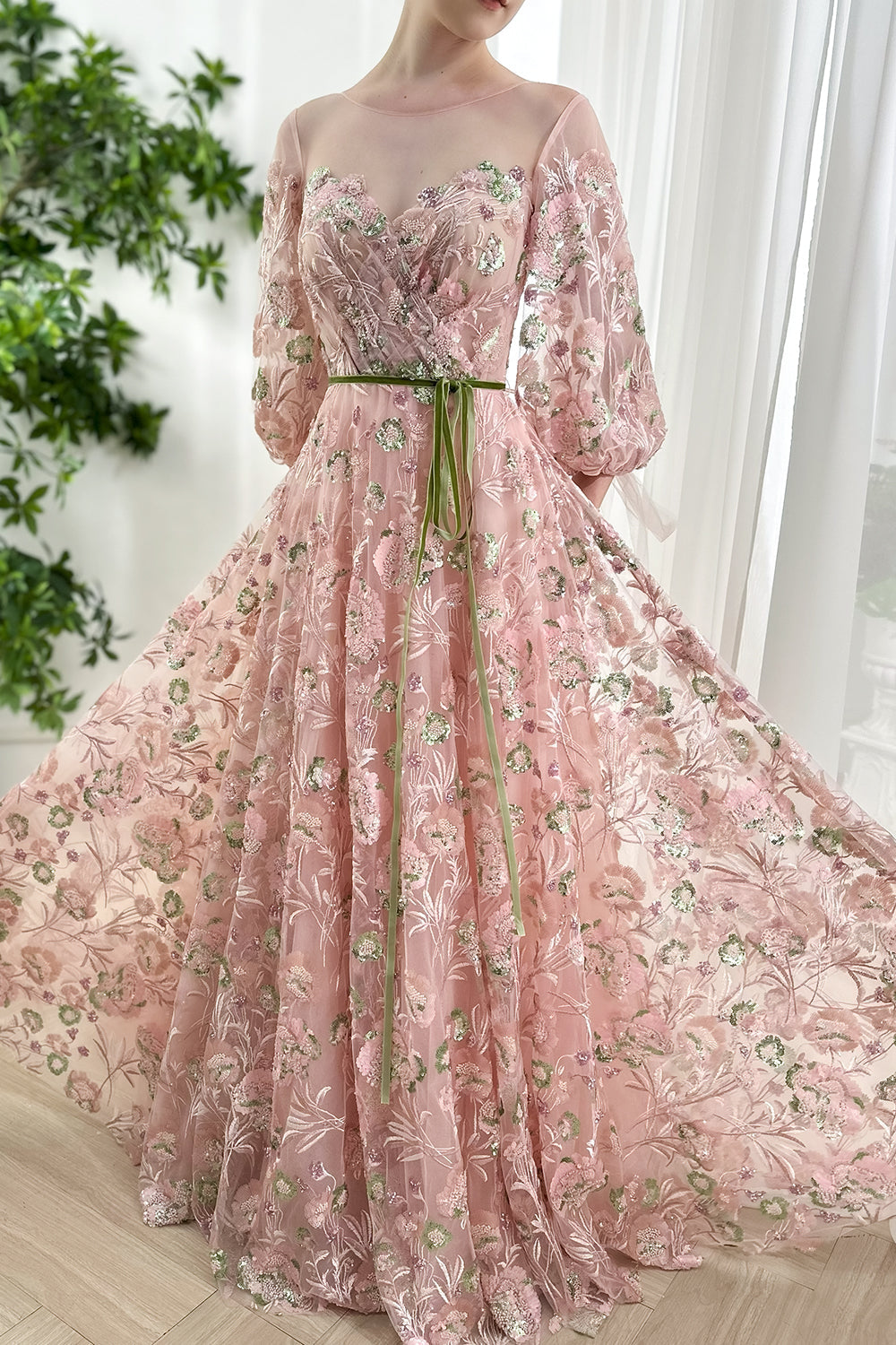 Boat Neck Beaded Embroidery Puffy Sleeves Long Dress