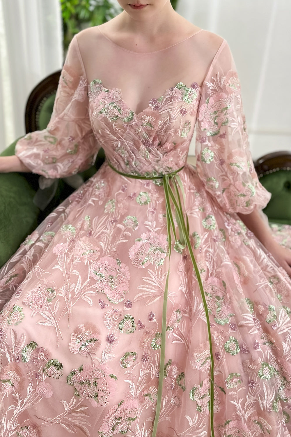 Boat Neck Beaded Embroidery Puffy Sleeves Long Dress