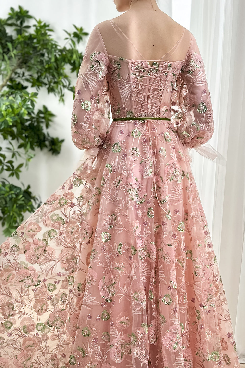 Boat Neck Beaded Embroidery Puffy Sleeves Long Dress