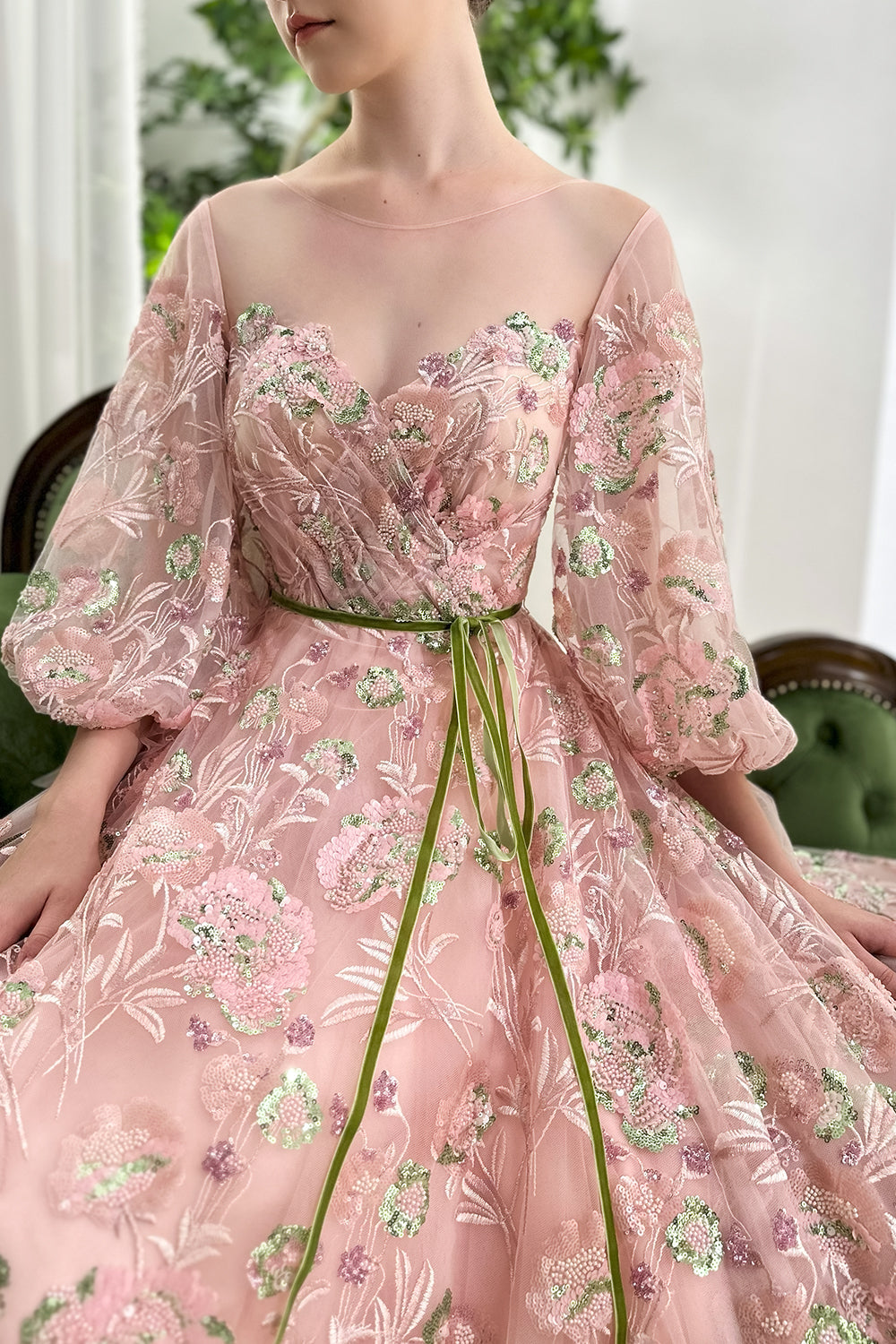 Boat Neck Beaded Embroidery Puffy Sleeves Long Dress