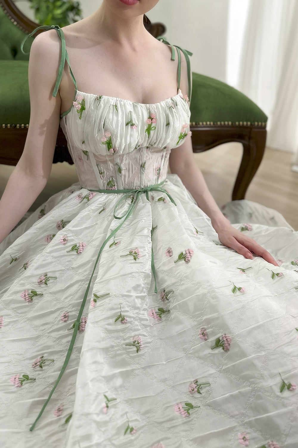 MissJophiel Corset Tie Straps Floral Organza Midi Dress