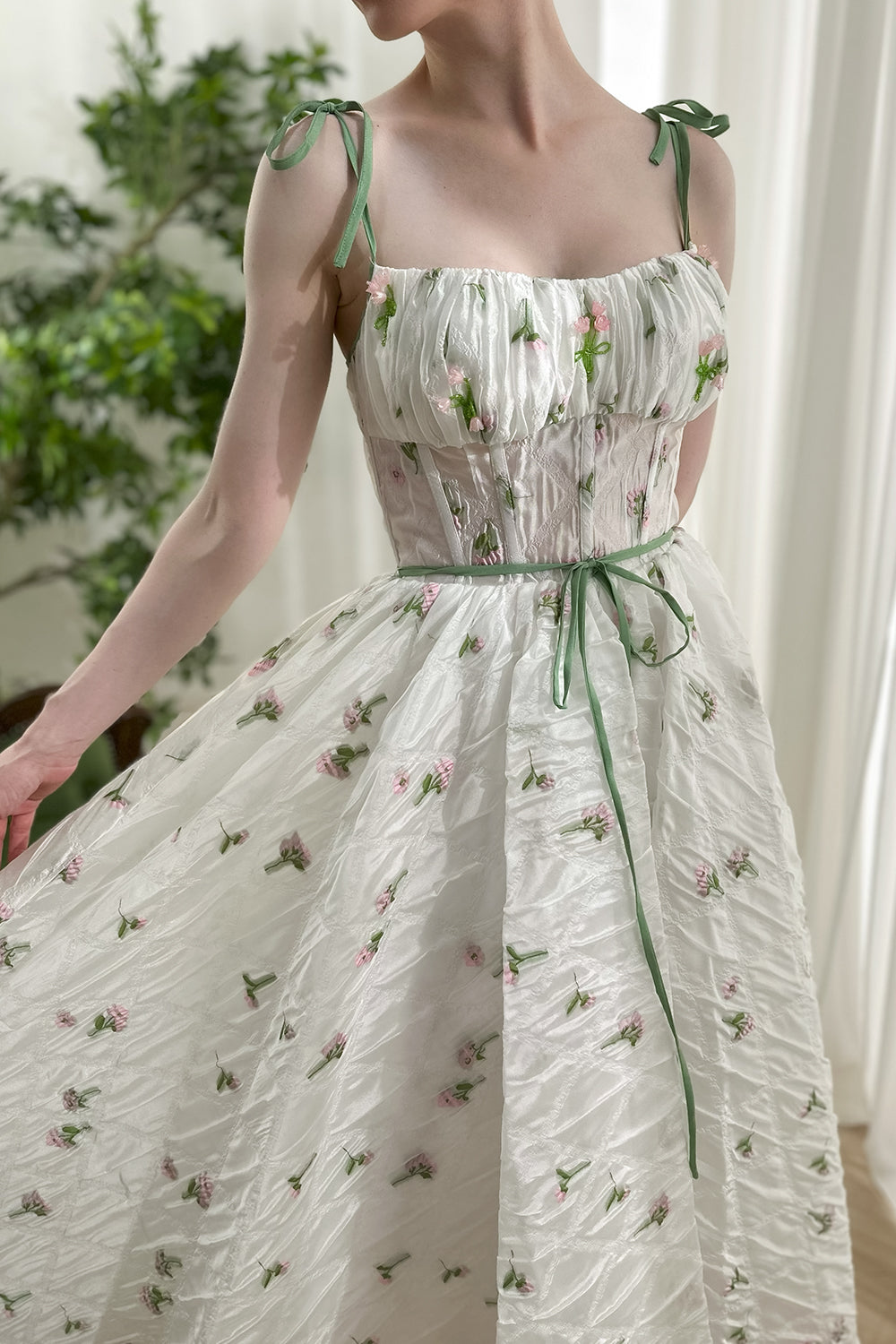 Corset Tie Straps Floral Organza Midi Dress