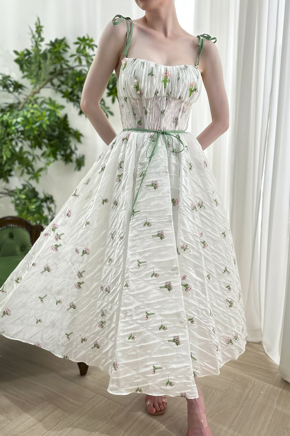 Corset Tie Straps Floral Organza Midi Dress