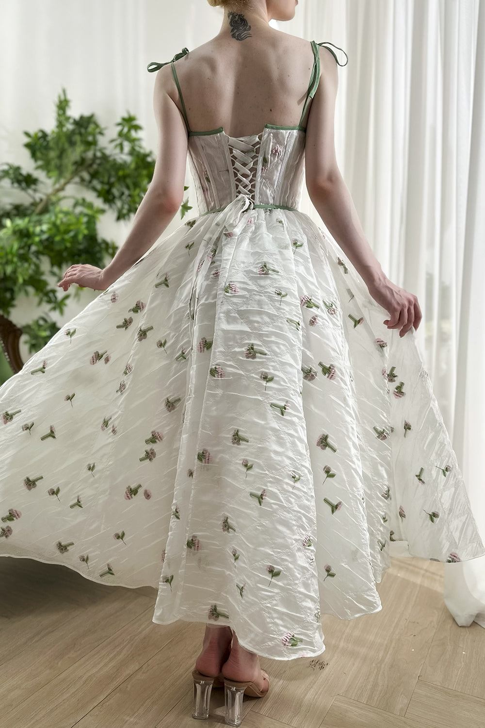 Corset Tie Straps Floral Organza Midi Dress