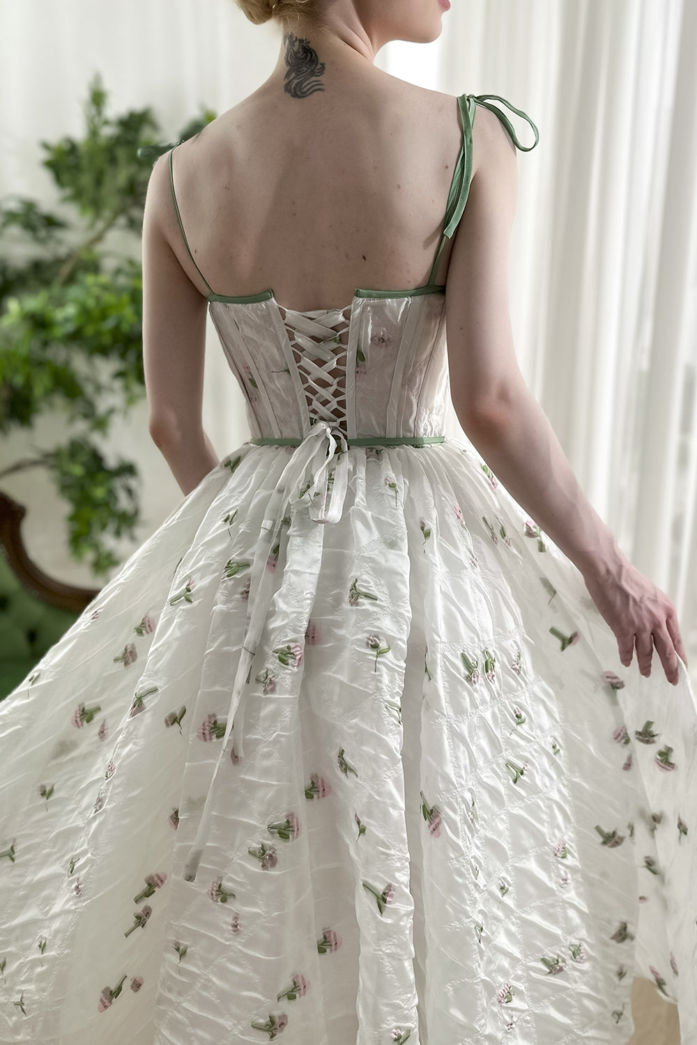 Corset Tie Straps Floral Organza Midi Dress