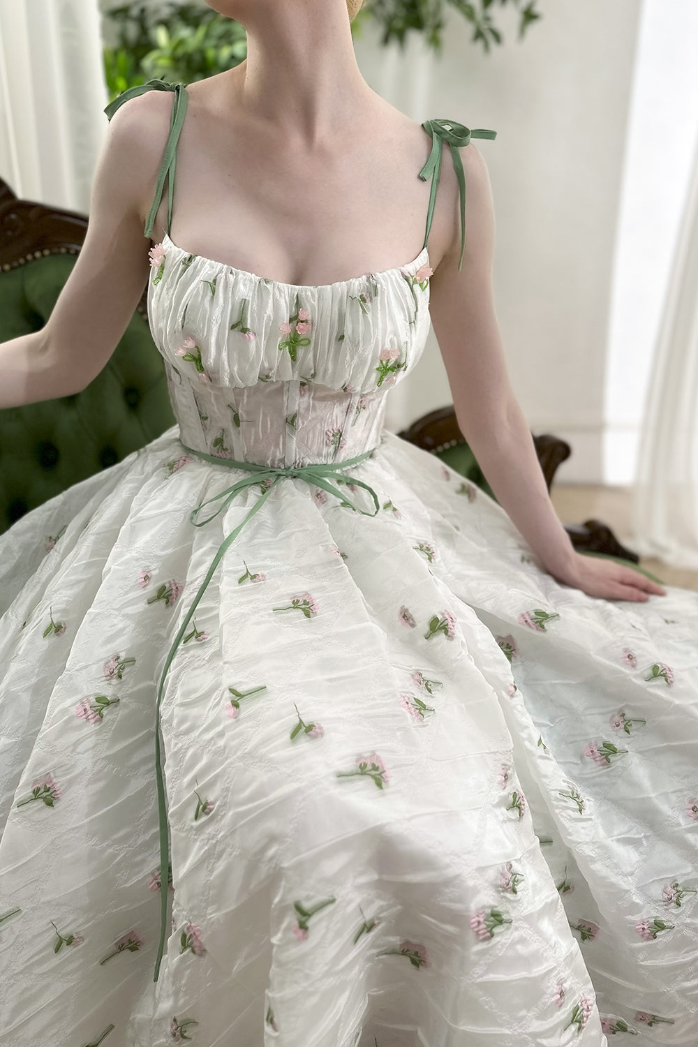 Corset Tie Straps Floral Organza Midi Dress