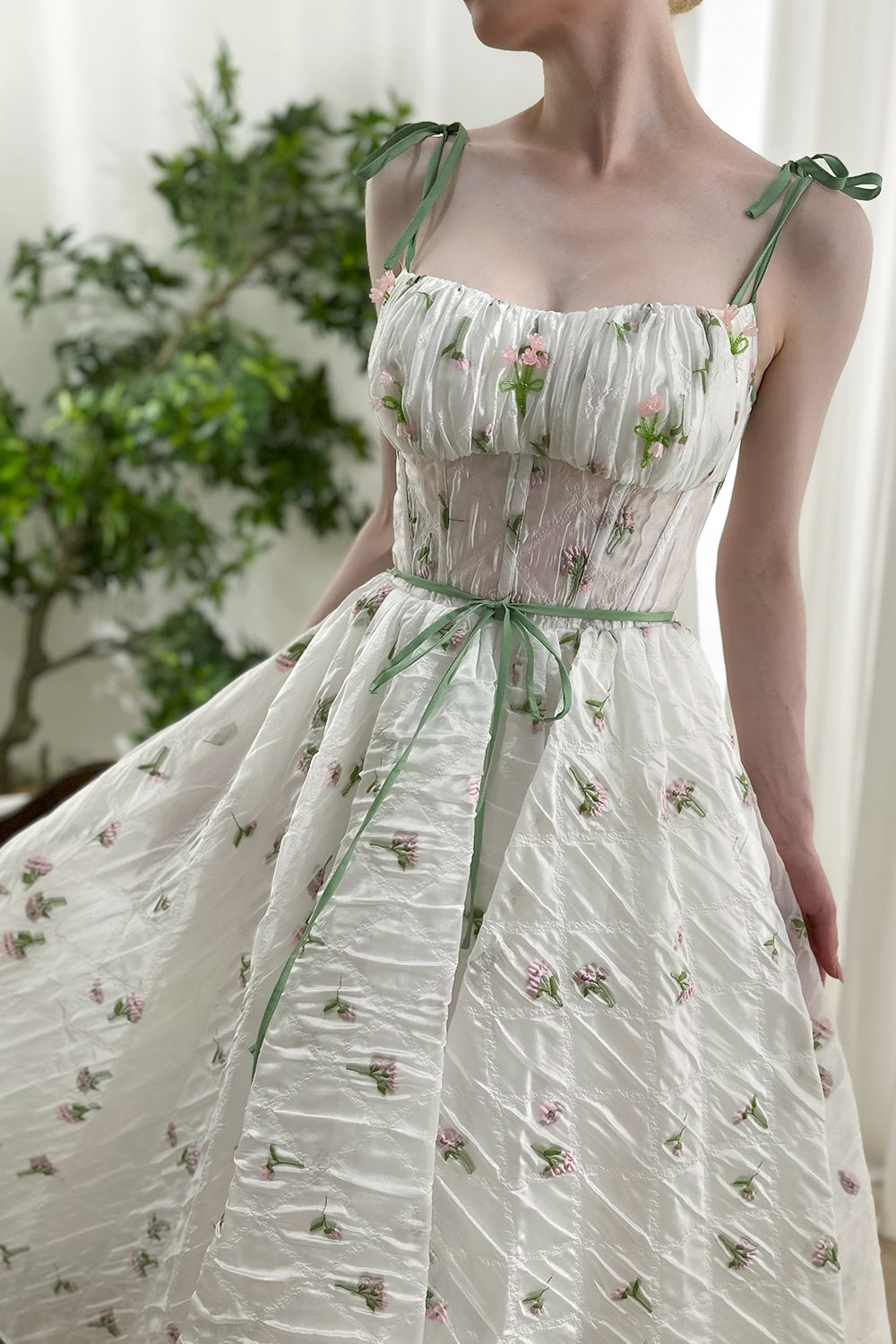 MissJophiel Corset Tie Straps Floral Organza Midi Dress