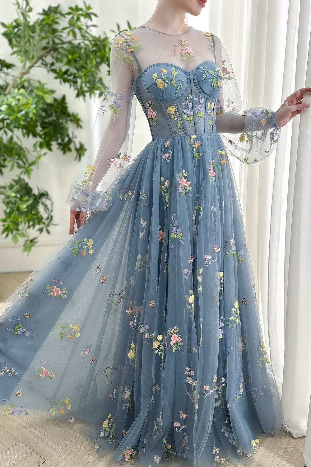 Illusion Long Sleeves Dusty Blue Floral Embroidered Tulle Long Prom Dress Corset Bodice Wedding Guest Dress