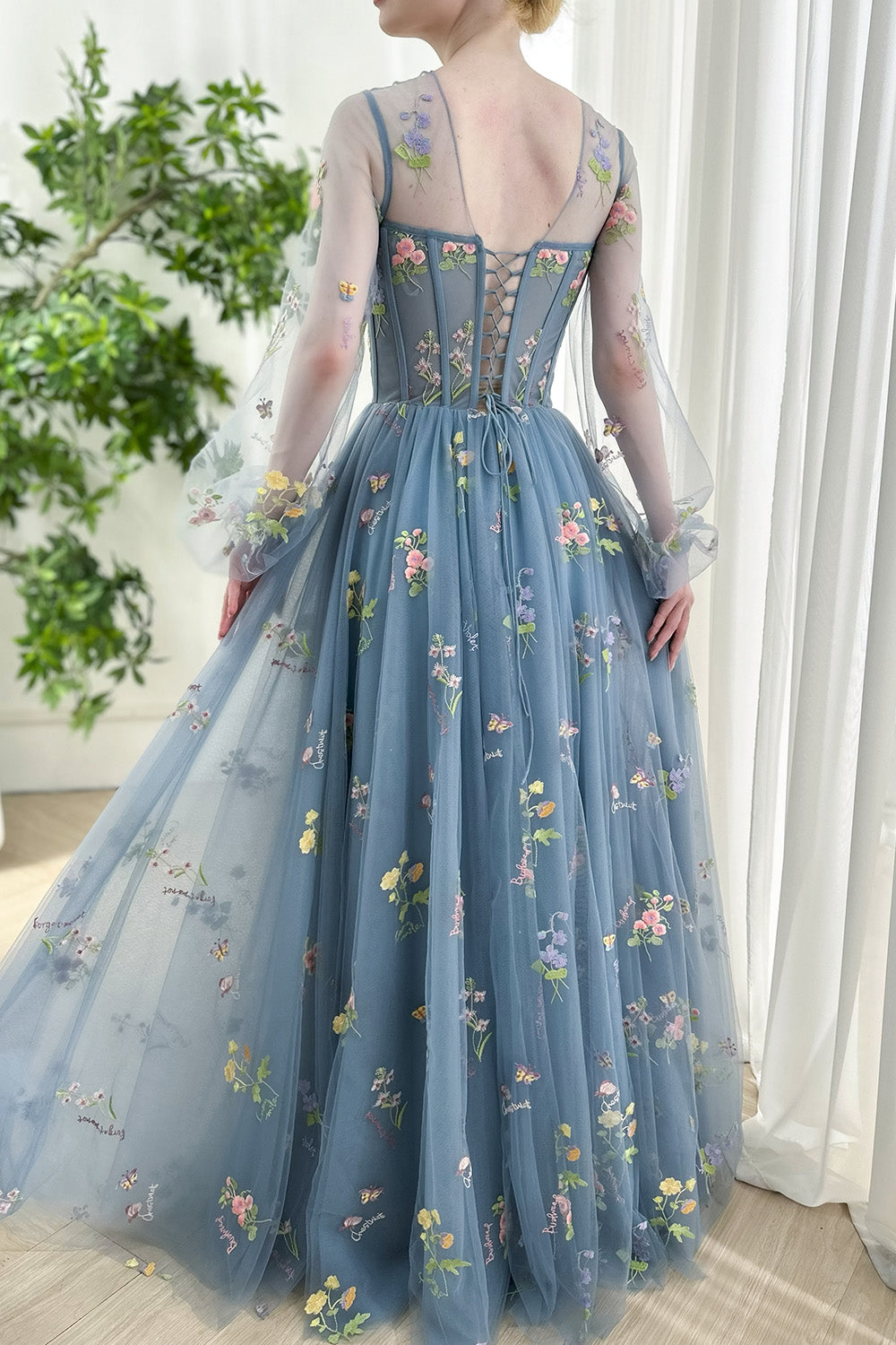 Dusty Blue Floral Embroidered Tulle Maxi Dress with Sheer Long Sleeves