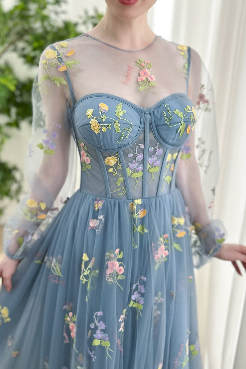 Dusty Blue Floral Embroidered Tulle Maxi Dress with Sheer Long Sleeves