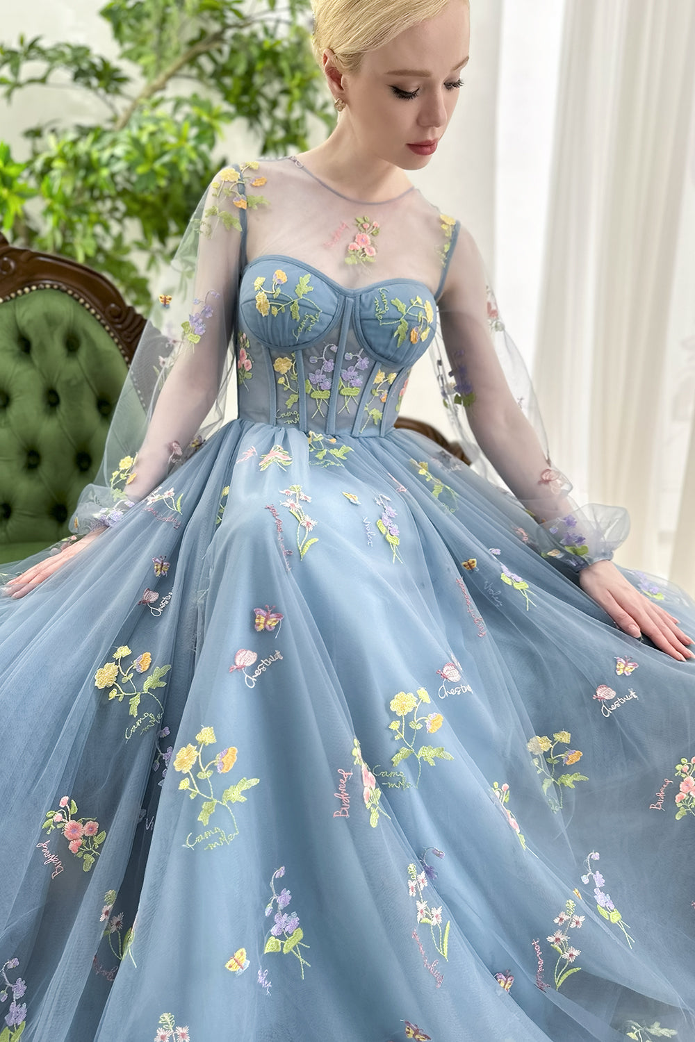 Dusty Blue Floral Embroidered Tulle Maxi Dress with Sheer Long Sleeves