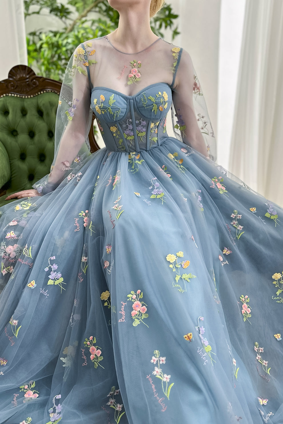 Dusty Blue Floral Embroidered Tulle Maxi Dress with Corset Bodice