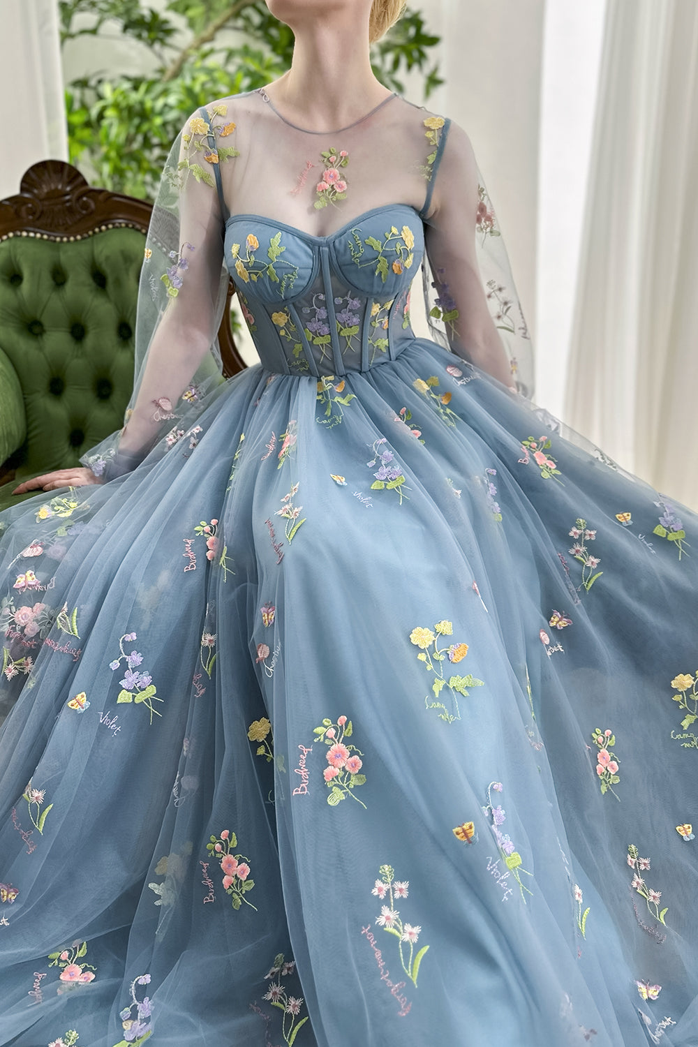 Dusty Blue Floral Embroidered Tulle Maxi Dress with Sheer Long Sleeves