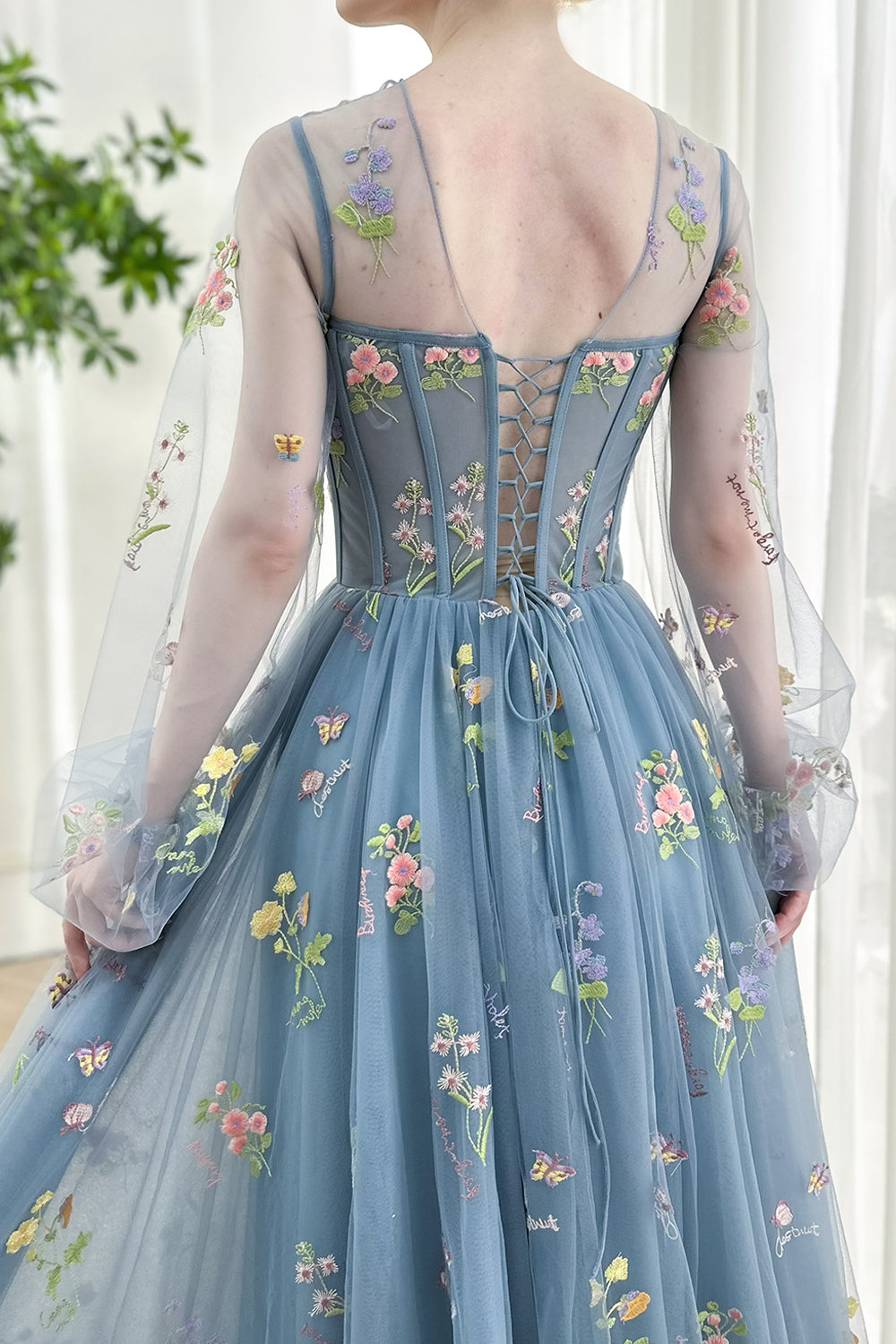 Dusty Blue Floral Embroidered Tulle Maxi Dress with Sheer Long Sleeves