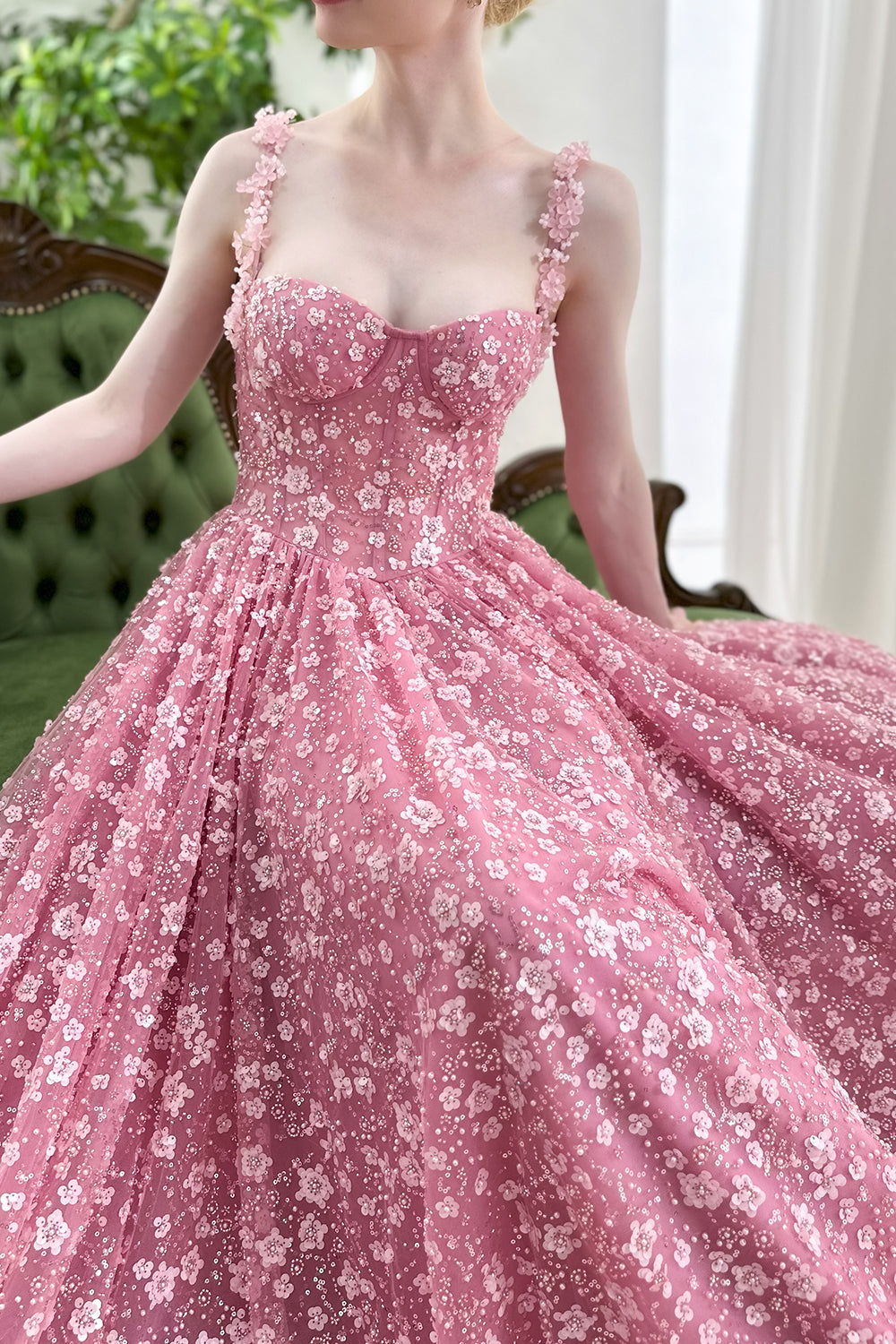 Fairy-tale blush sequin tulle maxi gown featuring detailed bustier top, sparkling floral embroidery, perfect for formal event occasion