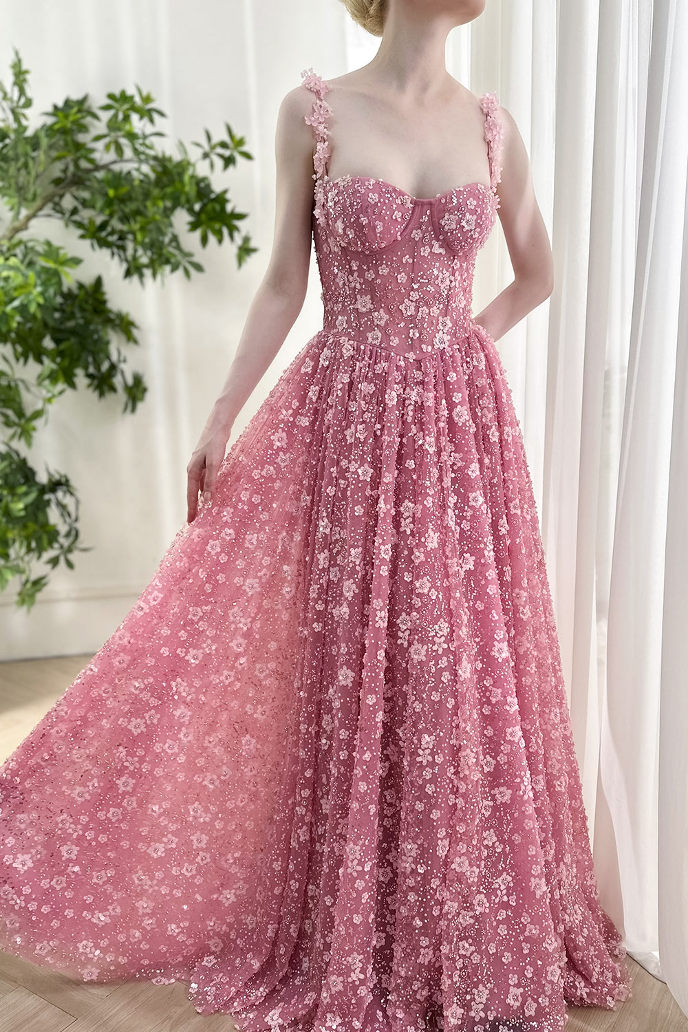 Dreamy pink gown with lace-up back design, full length embellished skirt, romantic floral detailing, ideal for gala or prom evening