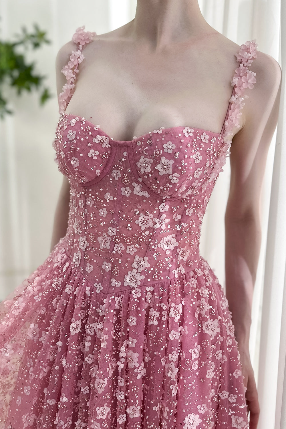 Classic pink bustier embroidered floral tulle gown with sequins, sleeveless strap details, designed for luxury evening wear look