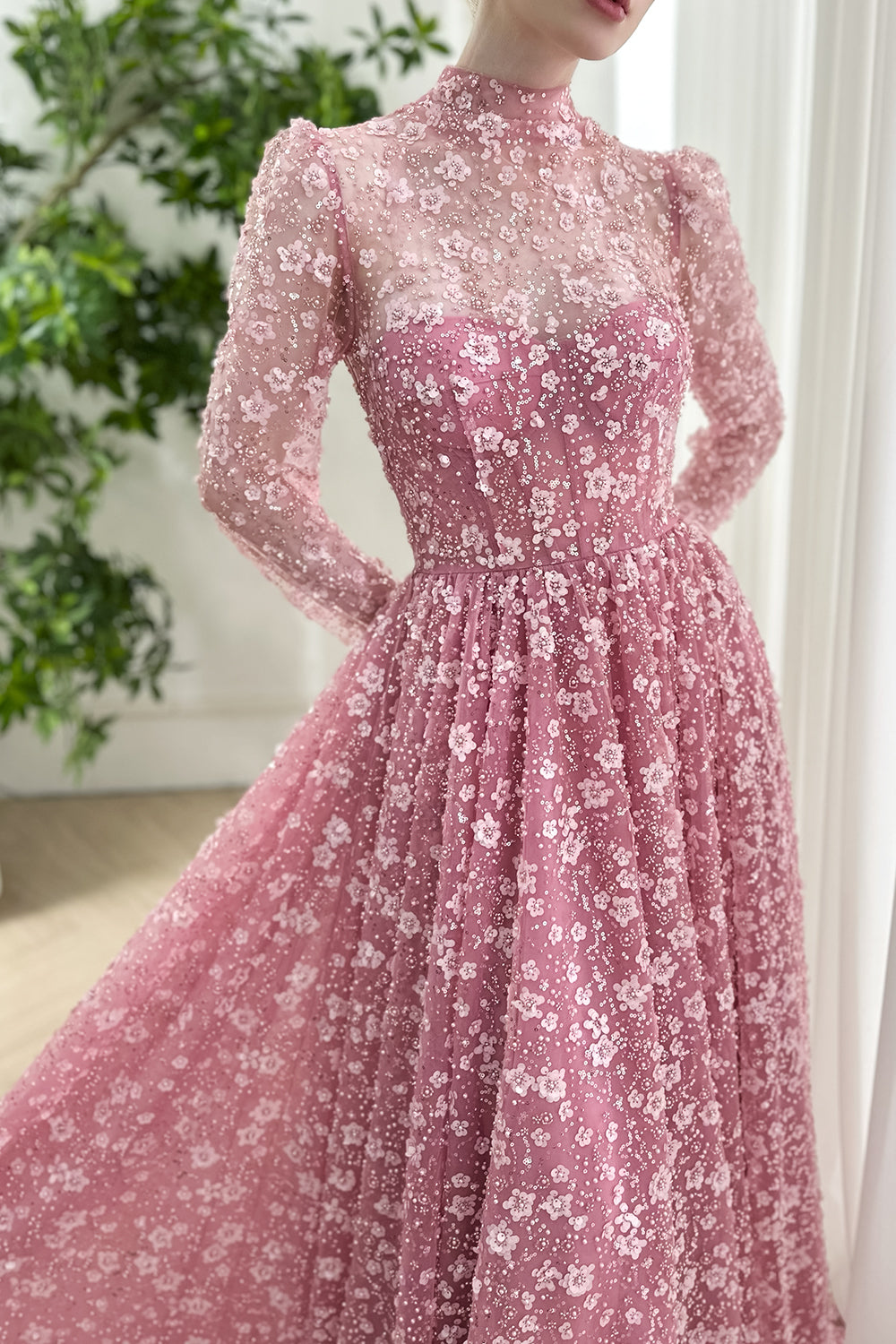 Romantic High Neck Pink Floral Applique Tulle Gown