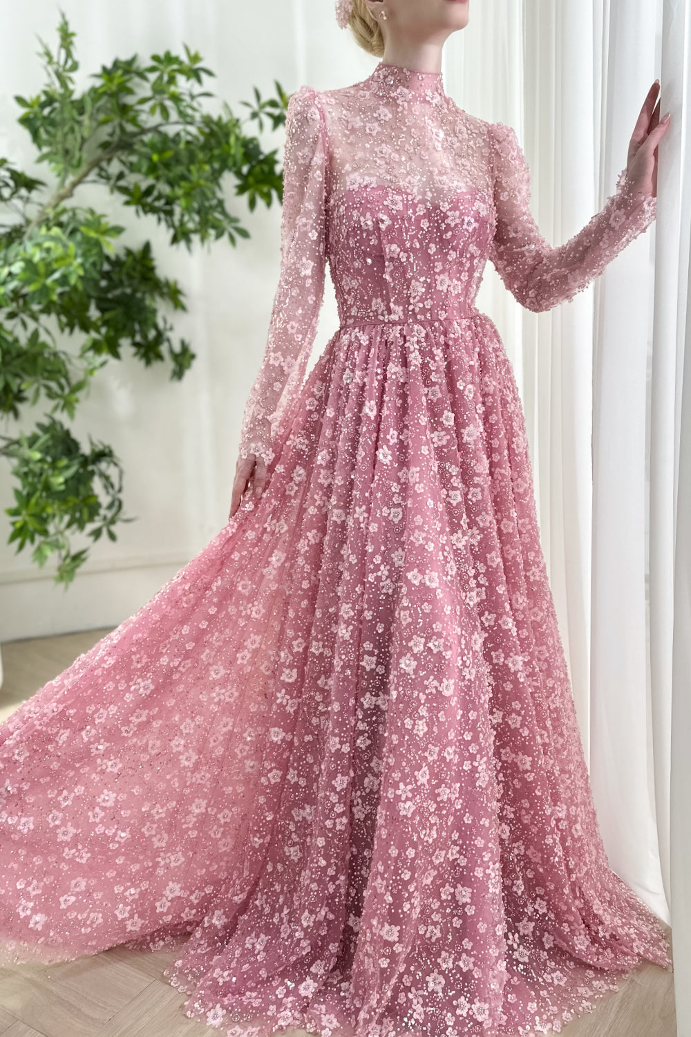 Romantic High Neck Pink Floral Applique Tulle Gown