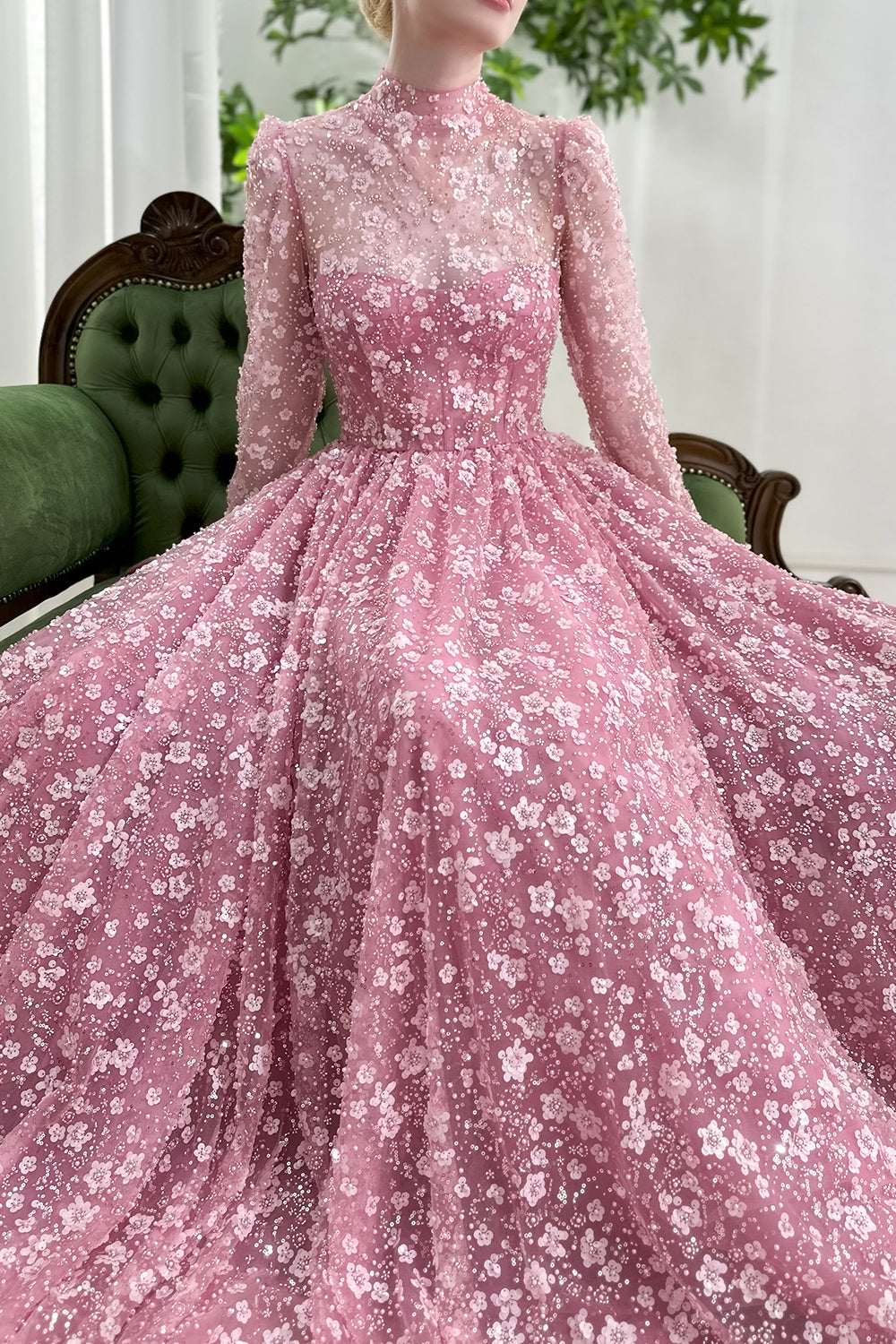 Romantic High Neck Pink Floral Applique Tulle Gown