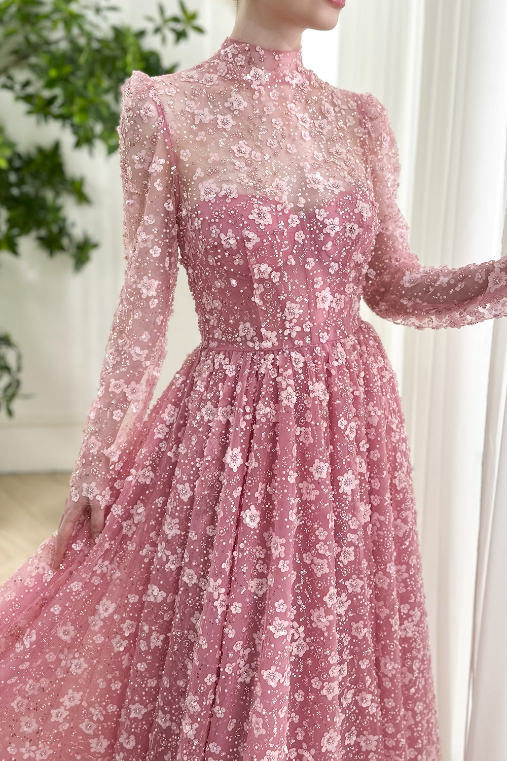 Romantic High Neck Pink Floral Applique Tulle Gown