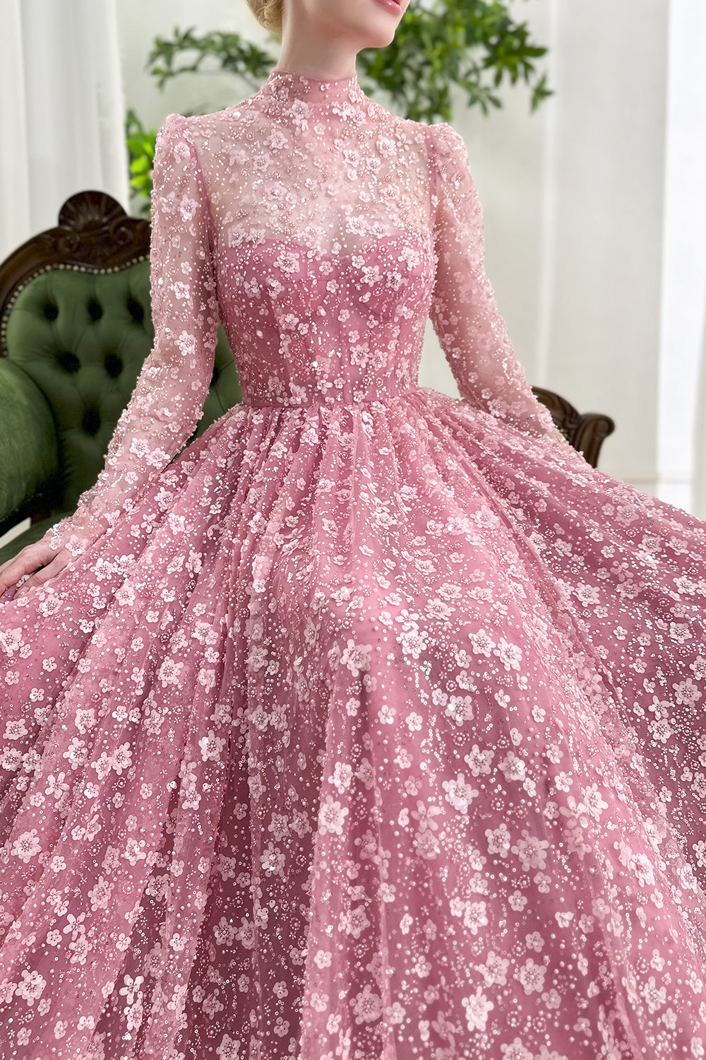 Romantic High Neck Pink Floral Applique Tulle Gown