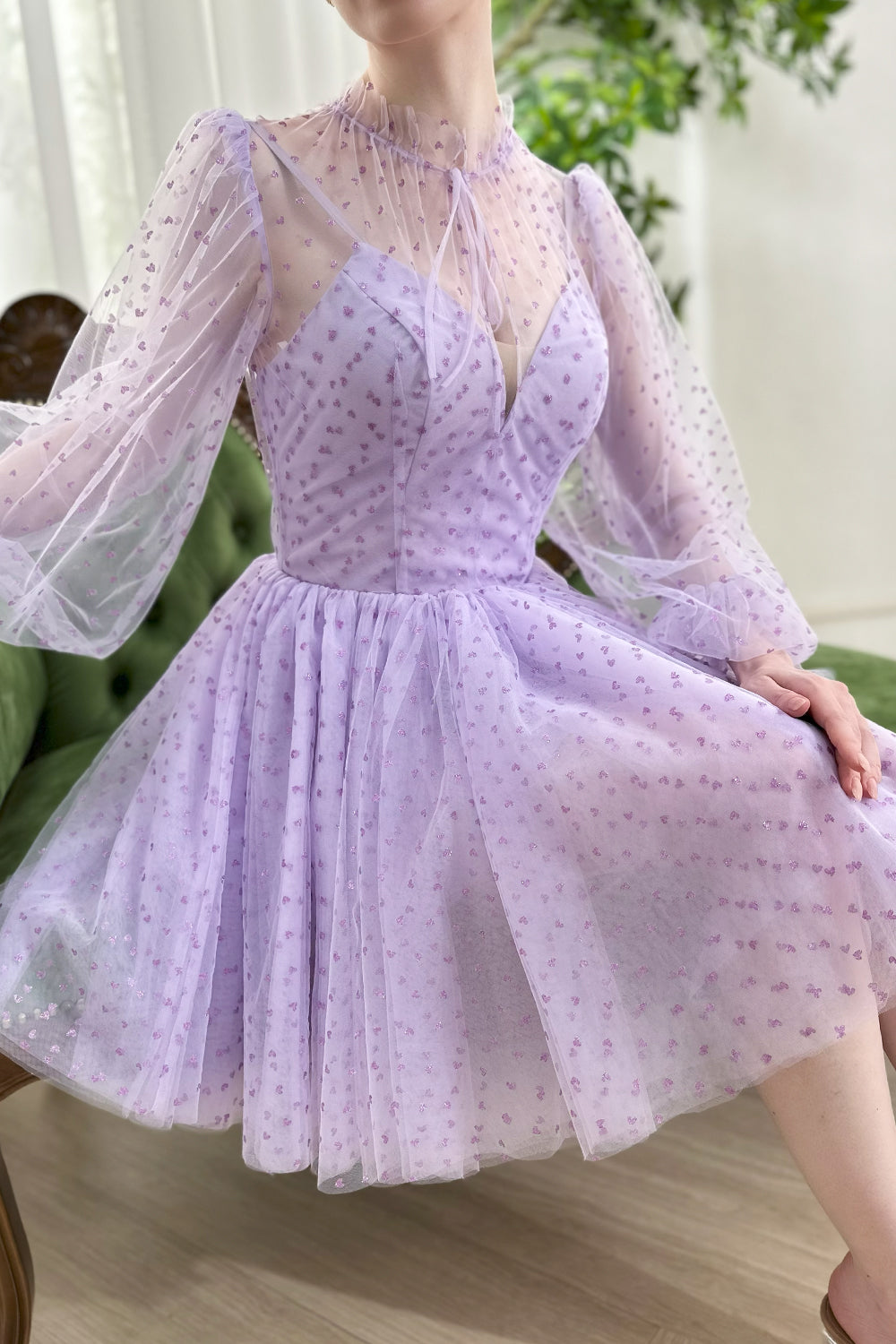 MissJophiel Lilac sweetheart neck mesh overlay dress puff sleeve high neck tie waist pleated skirt whimsical bridal shower cocktail outfit
