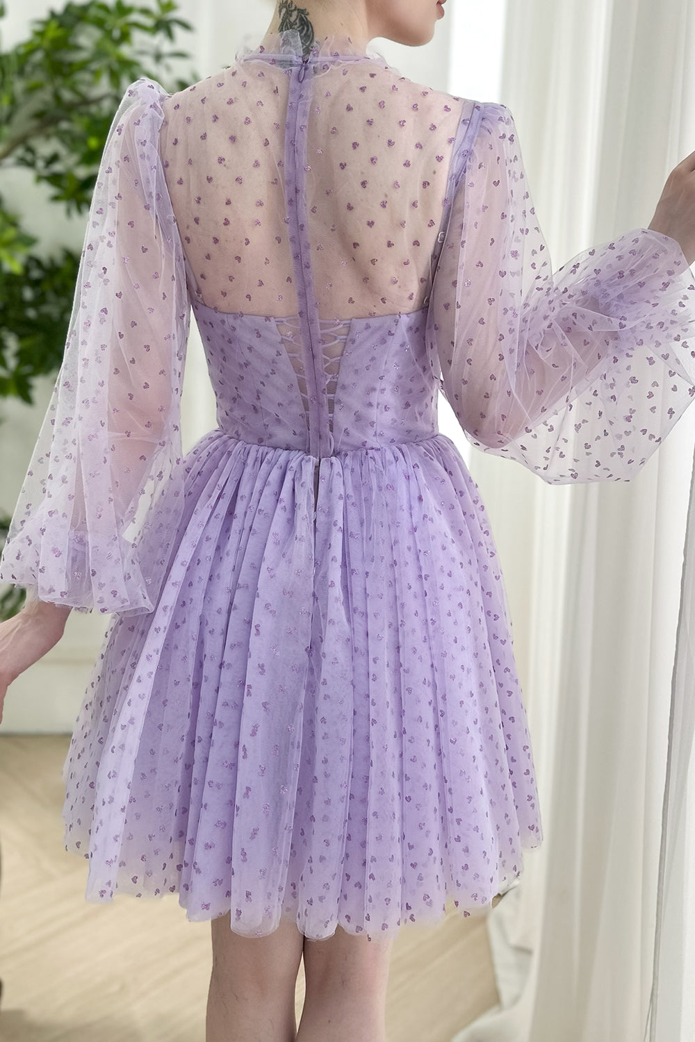 MissJophiel Purple vintage illusion neckline corset lace back bishop sleeve heart dot mesh flare skirt romantic spring semi formal attire