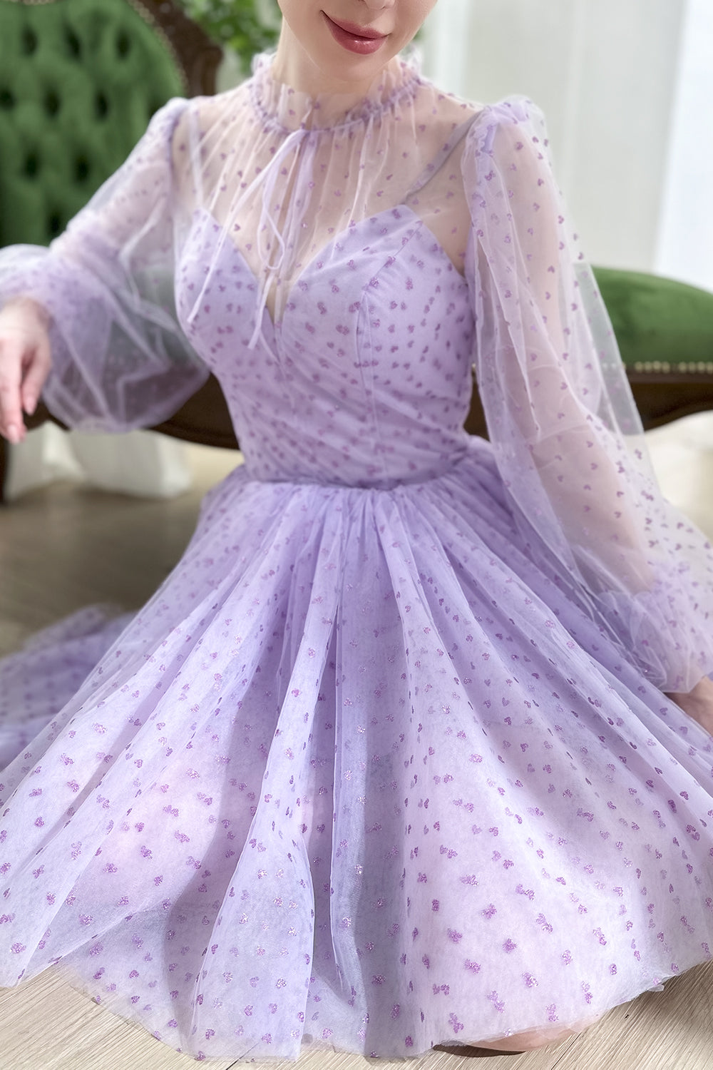 MissJophiel Romantic lavender fit flare dress sweetheart bodice sheer heart dotted mesh overlay bishop sleeves knee length dreamy garden style