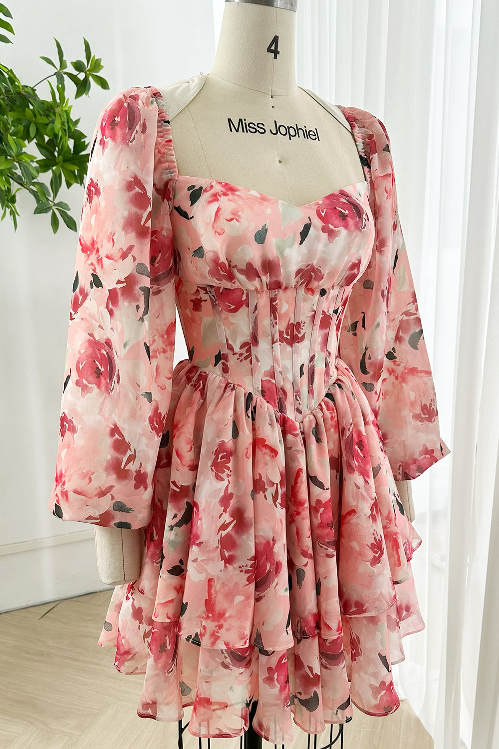 Vintage rose print chiffon short dress with corset bodice, sweetheart neckline and puff sleeves designed for proms, cocktail evenings and anniversaries