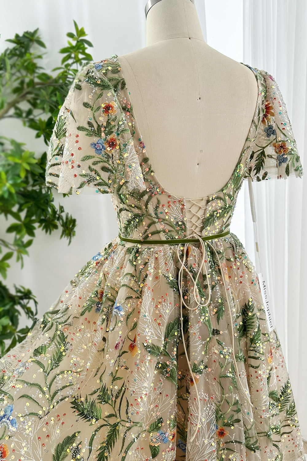 Champagne nude embroidered mesh fairycore midi dress with colorful sequins delicate puff sleeves detailed floral patterns back waist tie