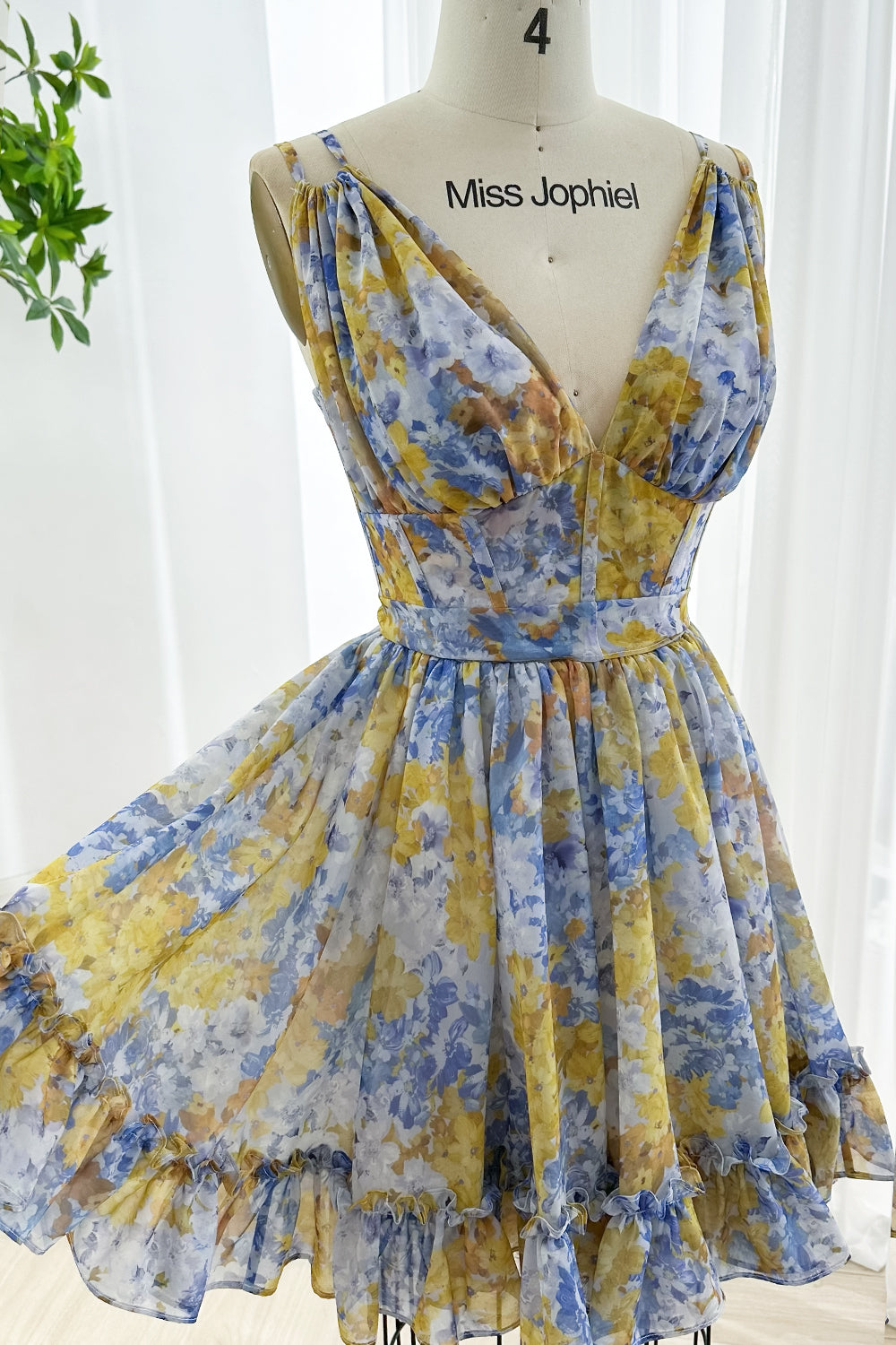 Floral Chiffon Mini Dress with Corset Back and Ruffle Hem Custom Color / Tea Length / US18 Floral Chiffon Mini Dress with Corset Back and Ruffle Hem Custom Color / Tea Length / US18