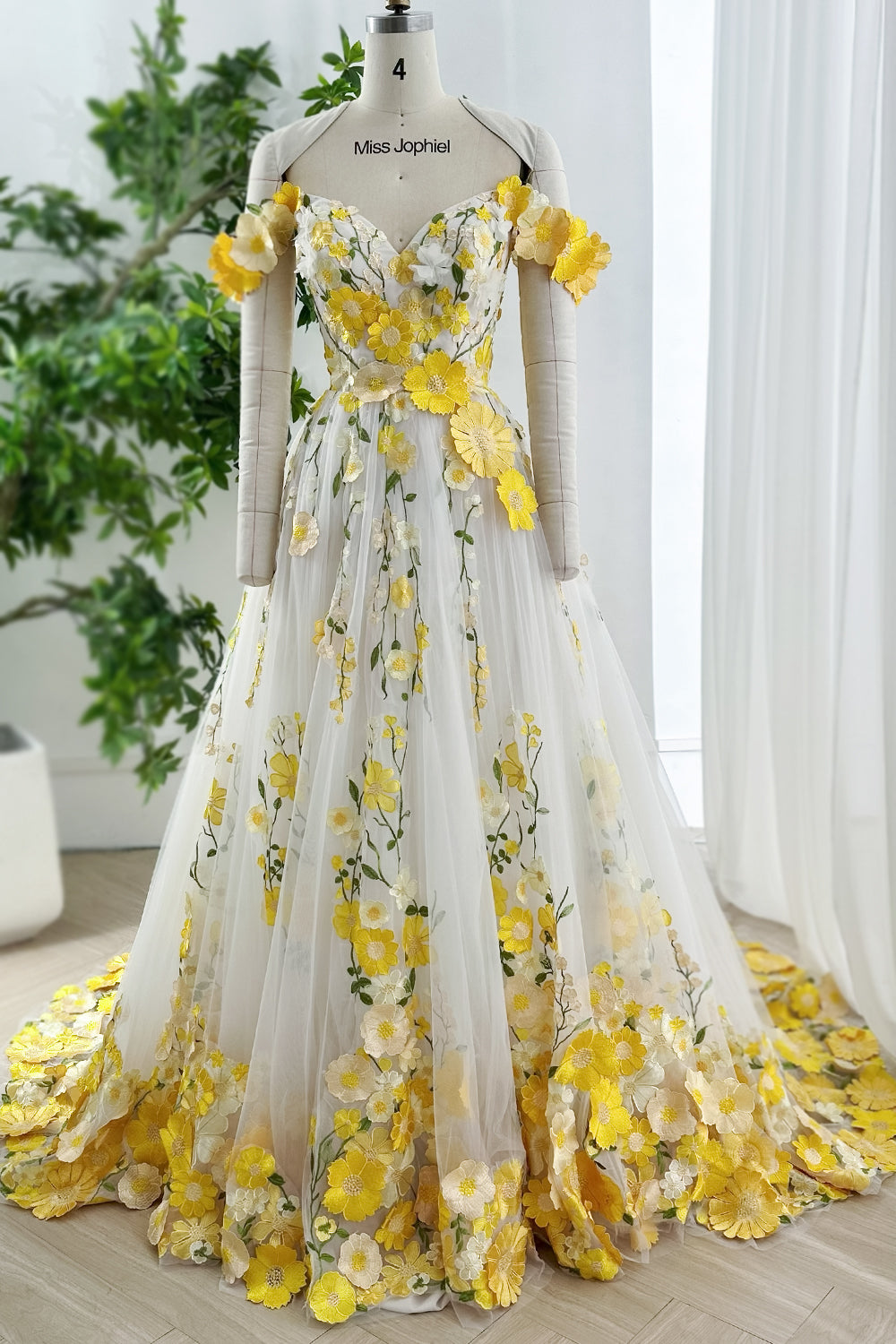 Yellow Floral Bridal Wedding Gown for Bride & Bridesmaid Custom Color / Floor Length / US10