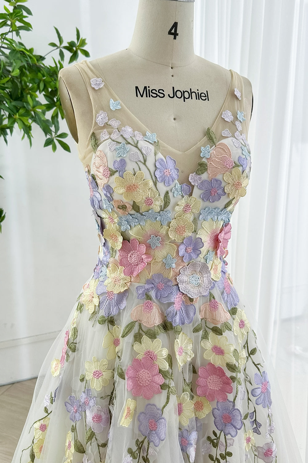 Floral Embroidered Tulle Wedding Dress with Pastel Blossoms Custom Color / Floor Length / US18 Floral Embroidered Tulle Wedding Dress with Pastel Blossoms Custom Color / Floor Length / US18