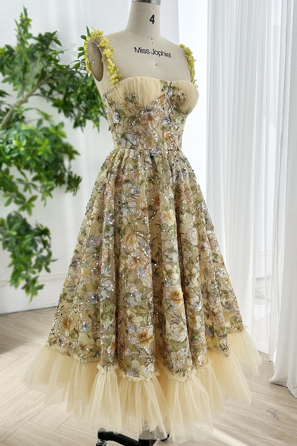 Floral Embroidered Tulle Midi Dress with Yellow Appliqué Straps