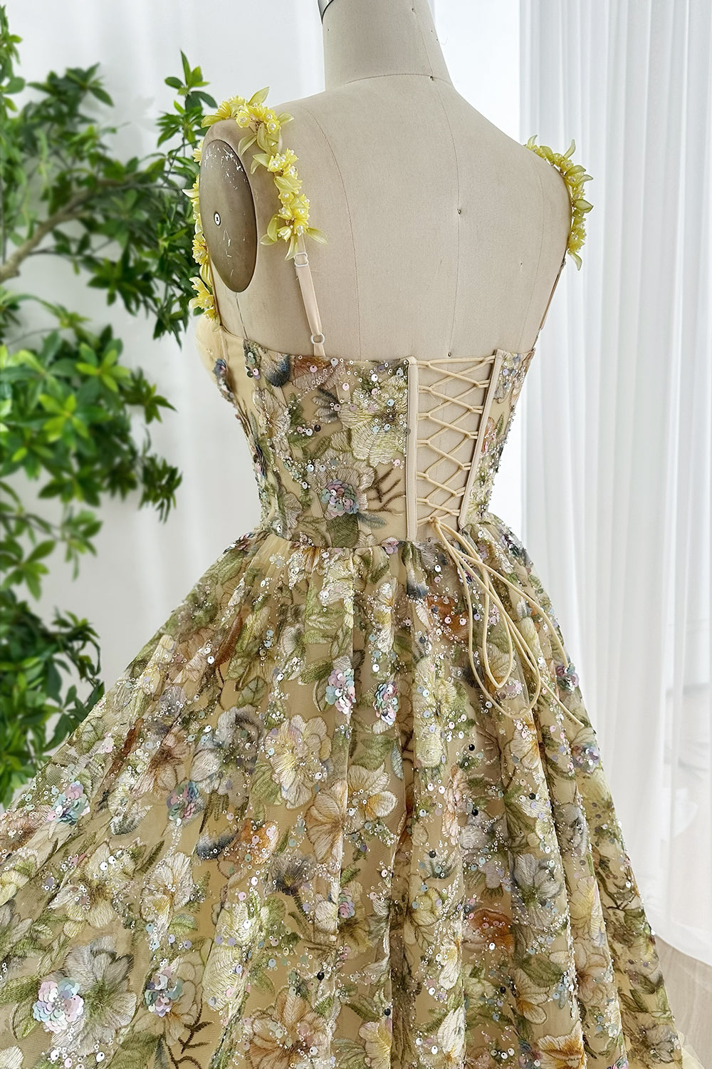 Floral Embroidered Tulle Midi Dress with Yellow Appliqué Straps